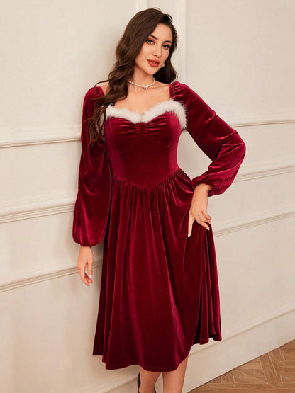 Women’s Christmas Velvet Party Dress – Lantern Sleeve, Long Sleeve, Elegant Holiday Outfit