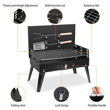 Portable Charcoal BBQ Grill – Foldable Suitcase Design with Utensils | Outdoor Camping & Picnic Cooking
