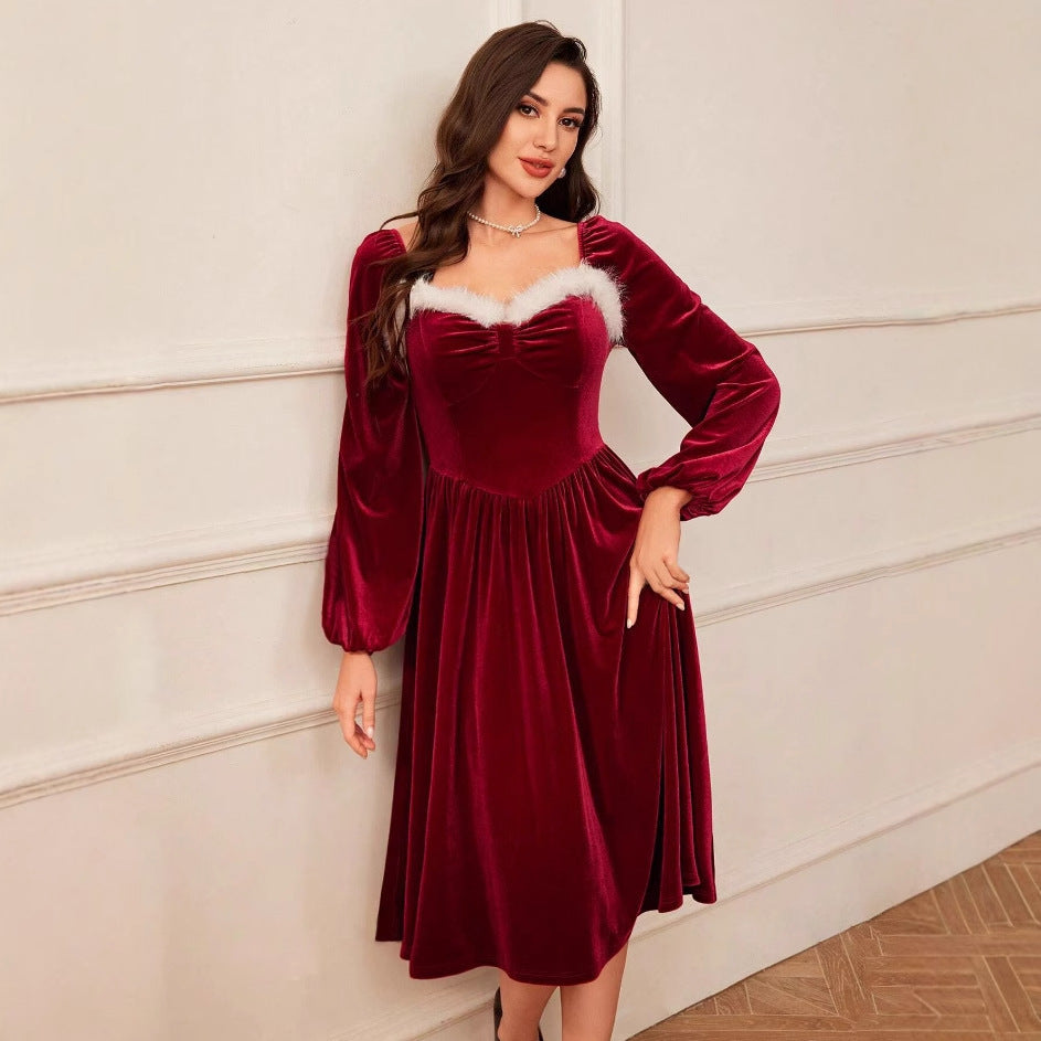 Women’s Christmas Velvet Party Dress – Lantern Sleeve, Long Sleeve, Elegant Holiday Outfit