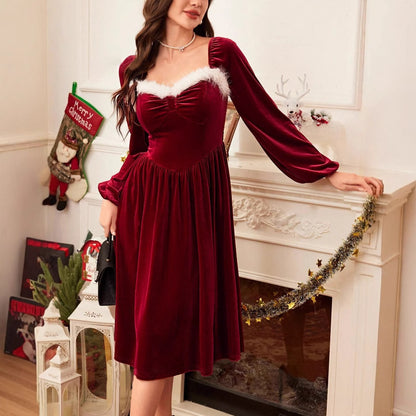 Women’s Christmas Velvet Party Dress – Lantern Sleeve, Long Sleeve, Elegant Holiday Outfit