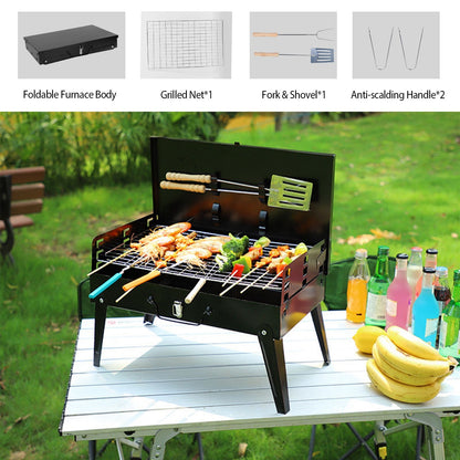 Portable Charcoal BBQ Grill – Foldable Suitcase Design with Utensils | Outdoor Camping & Picnic Cooking